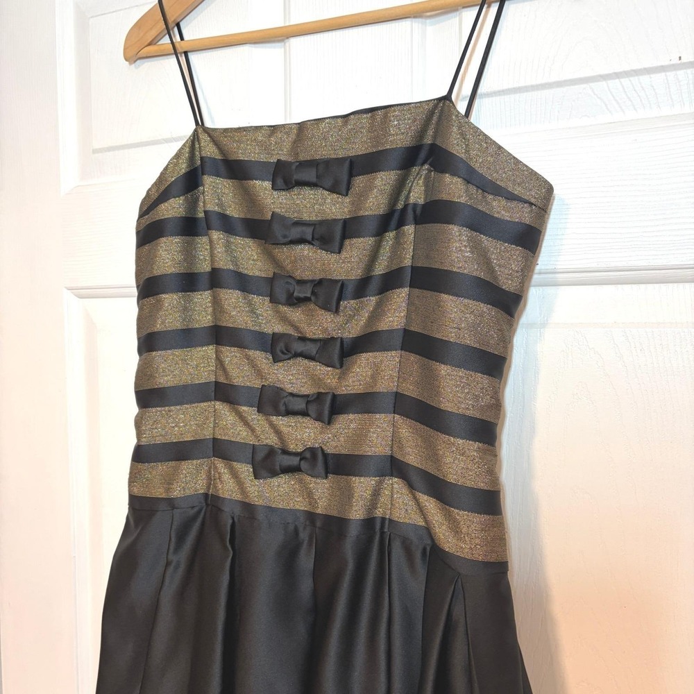 Dave & Johnny Vintage 90s Black Gold Stripe Bow Satin Metallic Cocktail Dress 10